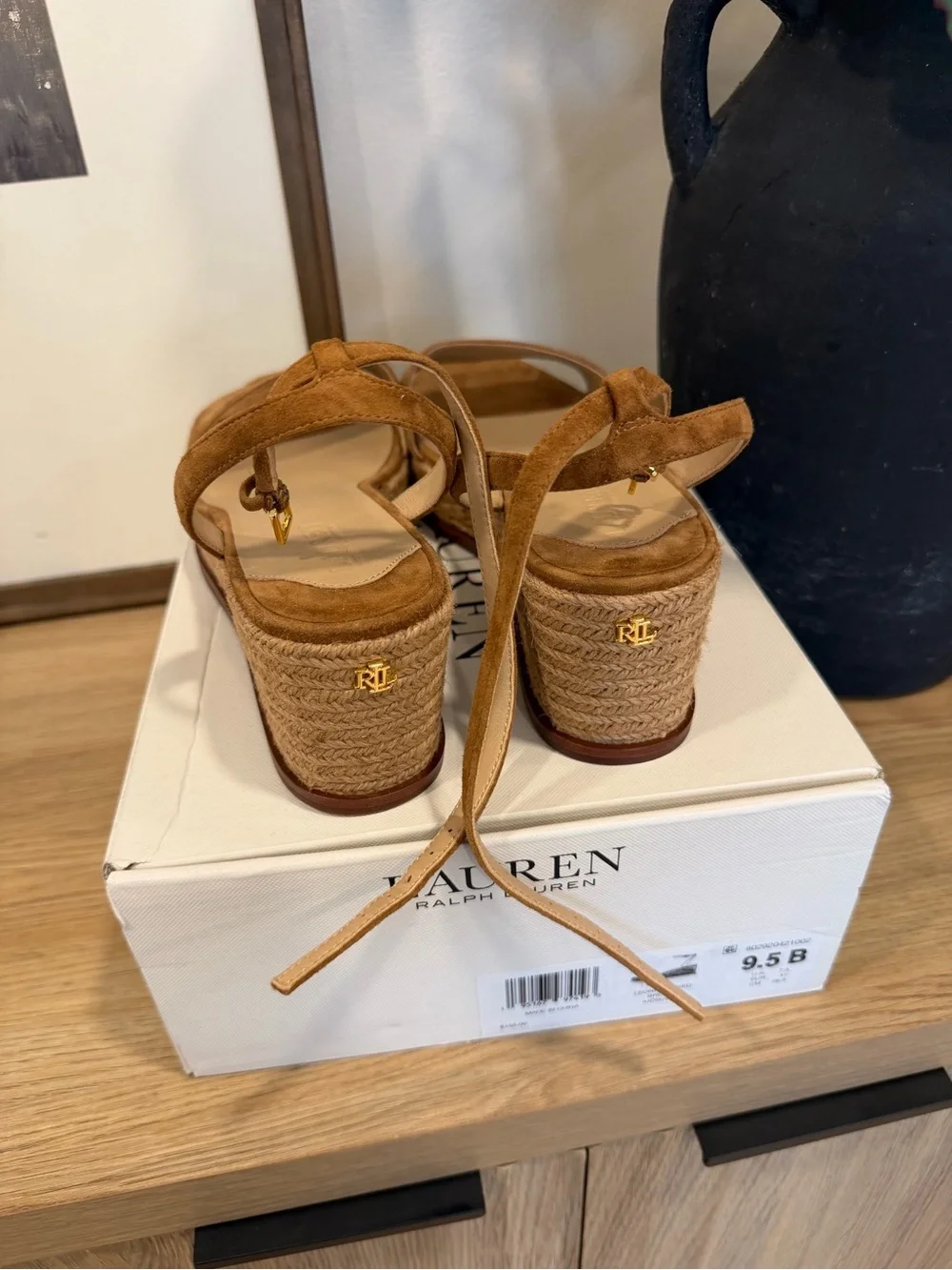 Ralph Lauren Cognac Suede Espadrille Platform Sandals